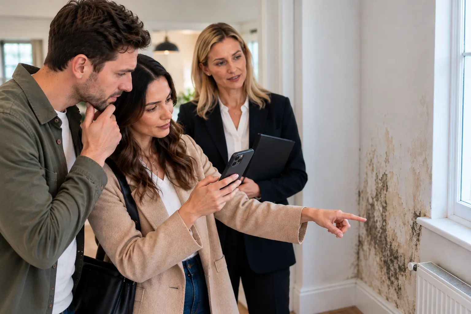 Buyers pointing out damp on a wall to an estate agent during a viewing