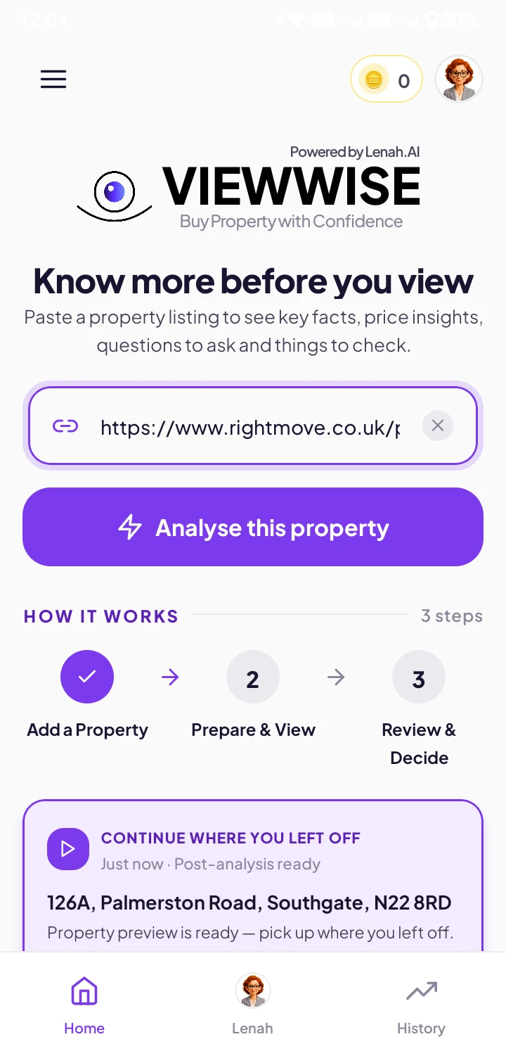 Pasting a property listing link into ViewWise to analyse it