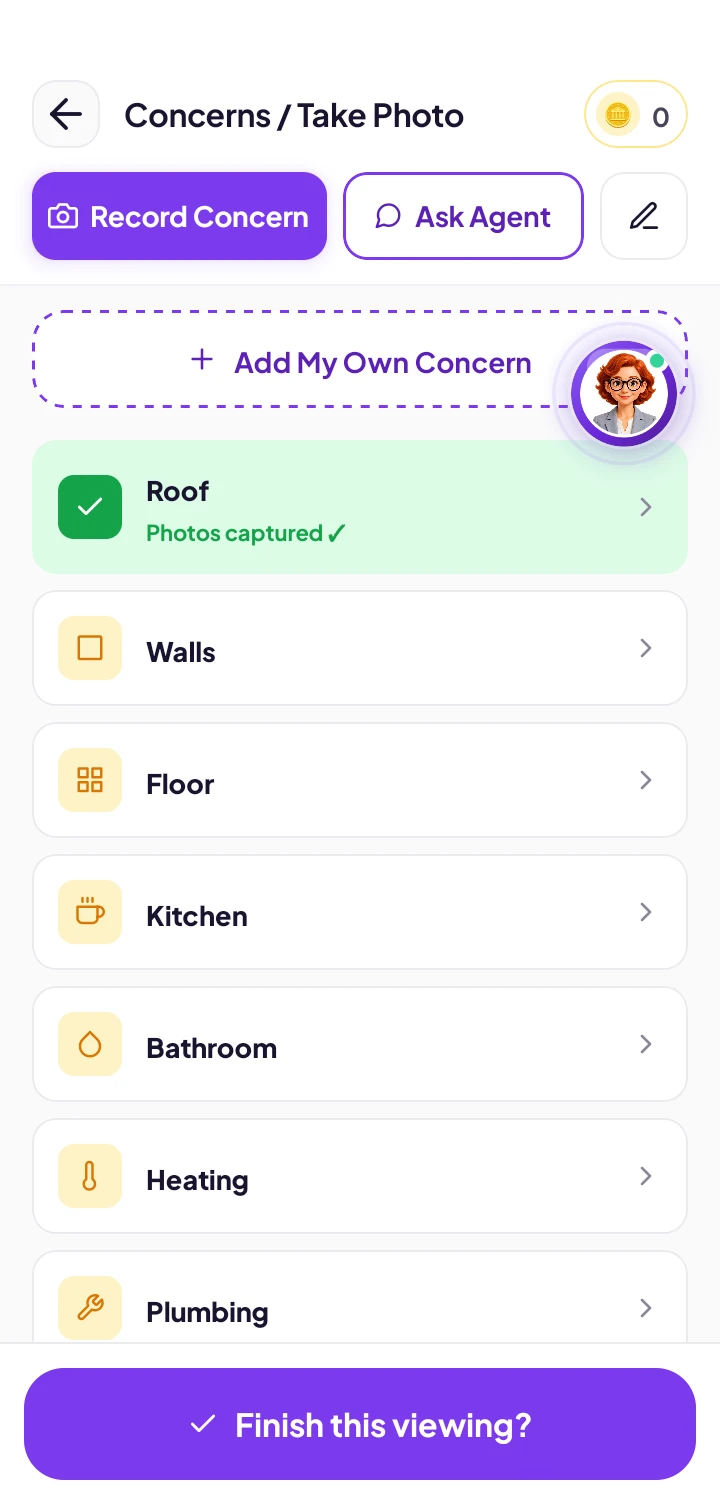 The ViewWise room checklist, with roof photos already captured