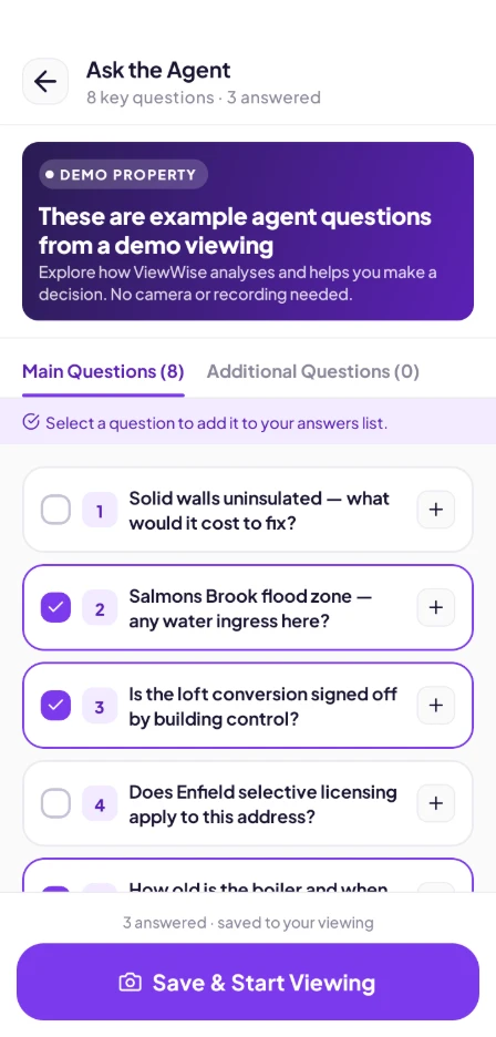 Key questions to ask the agent, listed in the ViewWise app