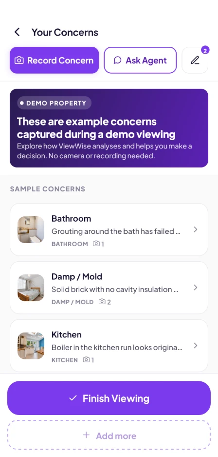 Concerns captured during a viewing, listed in the ViewWise app