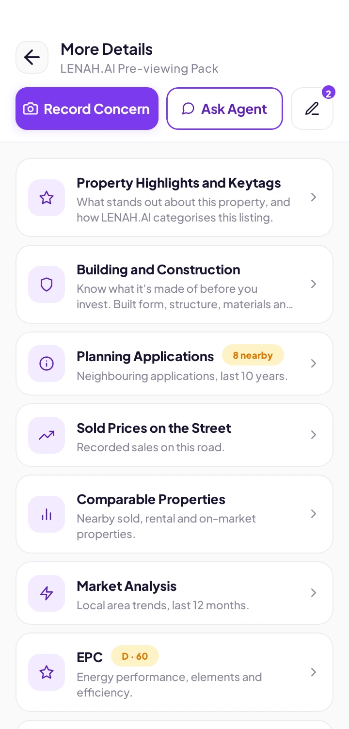 The LENAH pre-viewing pack, listing highlights, planning, sold prices and EPC