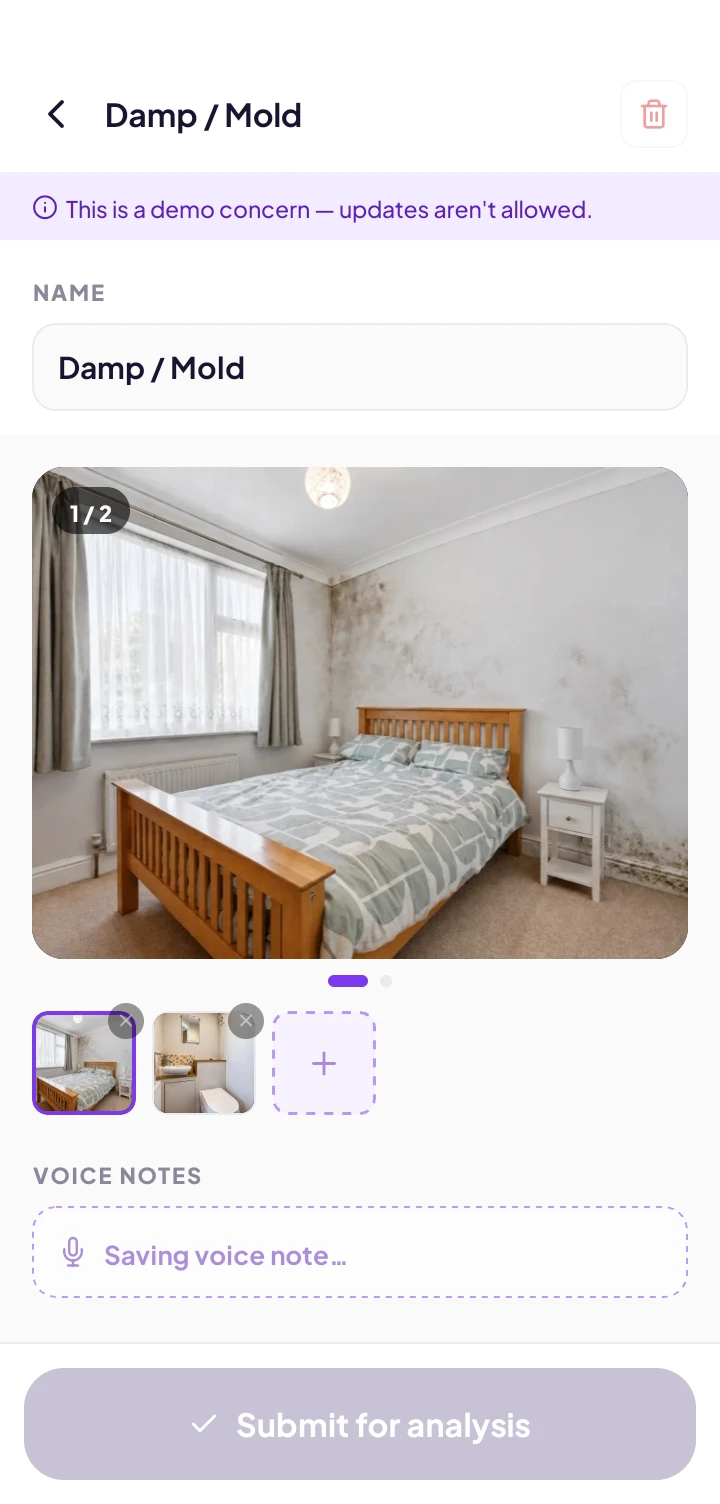 A damp concern being recorded with photos and a voice note