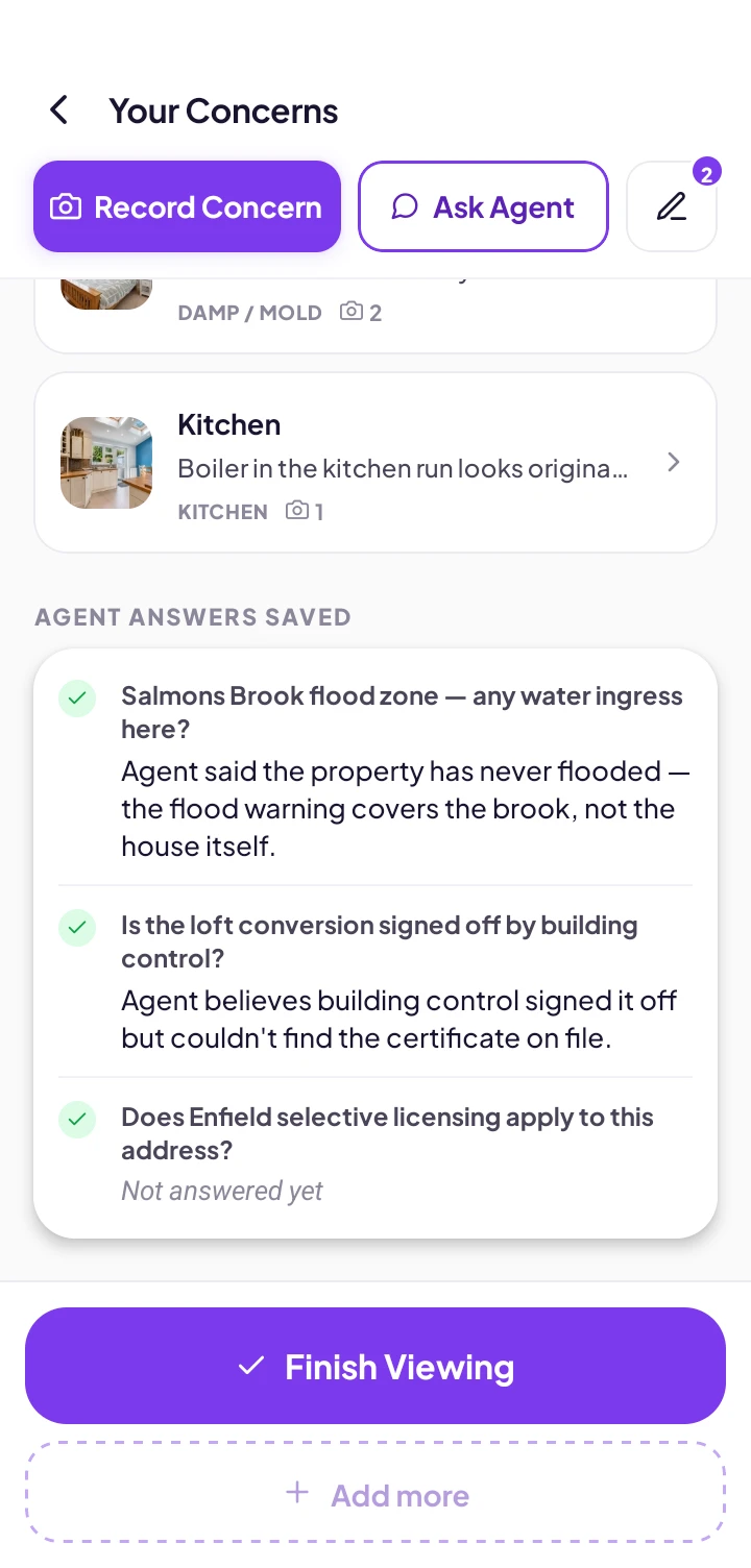 Saved concerns and agent answers at the end of a viewing