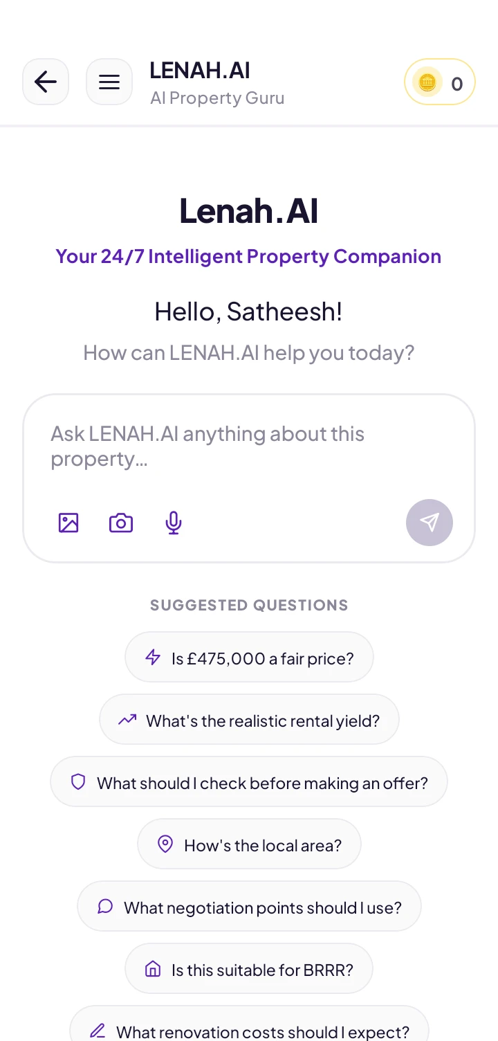 The LENAH chat in ViewWise, with suggested questions about a property