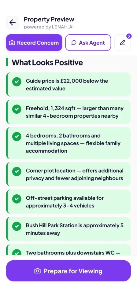 The LENAH pre-viewing report listing what looks positive about a property