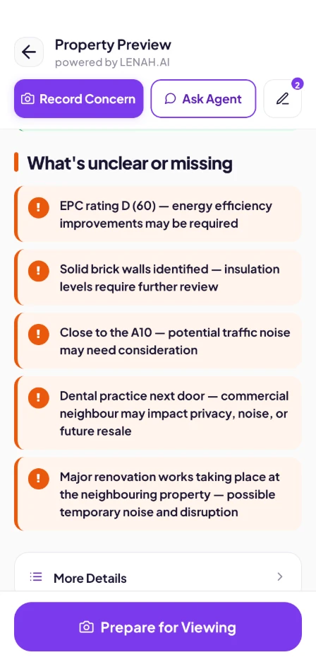 The LENAH pre-viewing report listing what is unclear or missing about a property