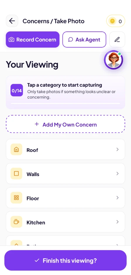 The room checklist in ViewWise, ready to capture a concern